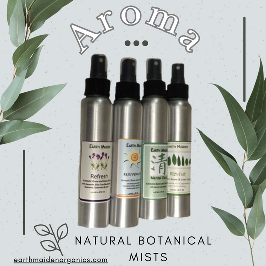 All Natural Assorted Minty  Aroma Mists  with Special Blends of Essential Oils in 5 ounce metal bullet container with fine mist sprayer. Choose from Refresh, Rejuvenating, Mental Clarity or Revive blends.