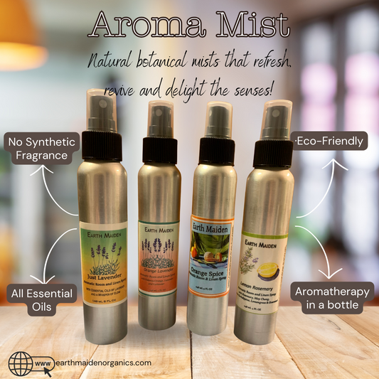 All Natural Botanical Aroma Mists with specially blended Essential Oils in 5 ounce metal bullet container with fine mist sprayer. Choose from Orange Lavender, Lavender, Orange Spice and Lemon Rosemary blends.
