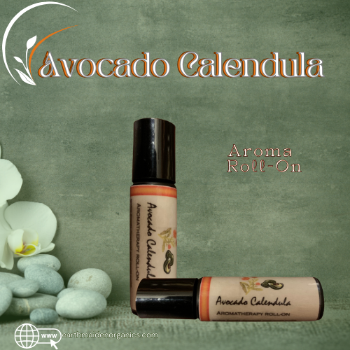 Avocado Calendula - The Floral notes of Lavender, Rose Geranium and Ylang Ylang combined with the earthy notes of Patchouli and Sandalwood. An earthy, grounding scent in this pocket size aroma roll-on.