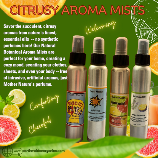 Assorted Citrusy Aroma Mists with Essential Oils in 5-ounce metal bullet container with fine mist sprayer. Choose from Thieves, Lime Grapefruit, Lemon Rosemary and Uplifting blends.