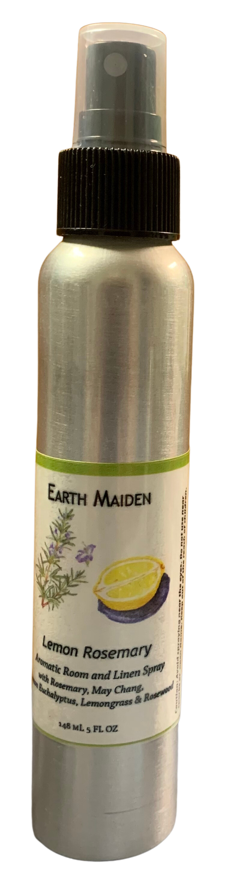All Natural Lemon Rosemary Aroma Mist with Essential Oils in 5 ounce metal bullet container with fine mist sprayer.