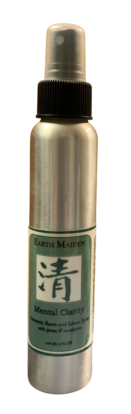All Natural Mental Clarity Aroma Mist with Peppermint, Spruce, Eucalyptus and Lime Essential Oils in 5 ounce metal bullet container with fine mist sprayer.