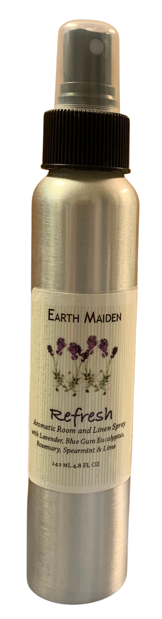 All Natural Refresh Aroma Mist with Lavender, Eucalyptus, Rosemary, Spearmint and Lime Essential Oils in 5 ounce metal bullet container with fine mist sprayer.