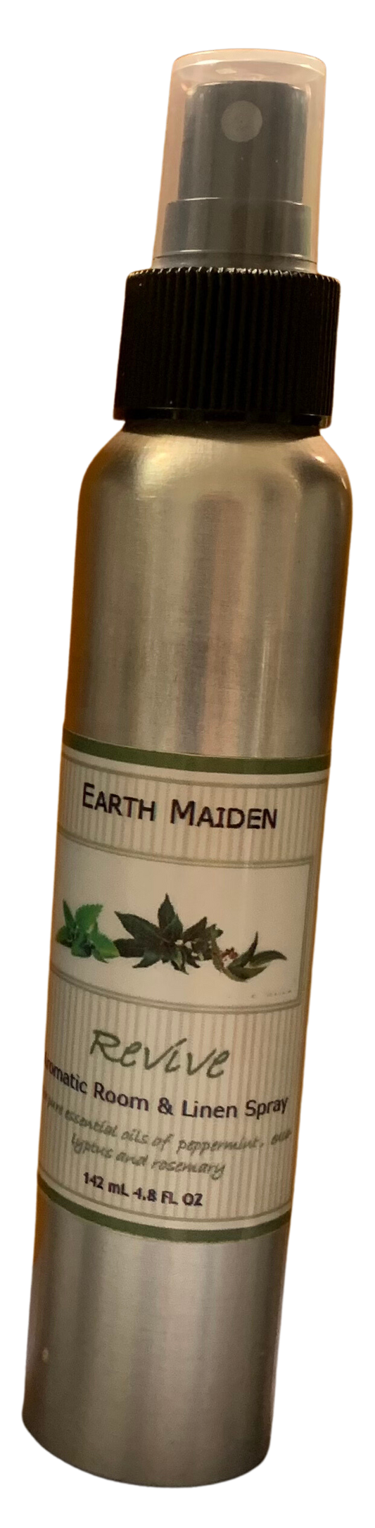 All Natural Revive Aroma Mist with Peppermint, Eucalyptus and Rosemary Essential Oils in 5 ounce metal bullet container with fine mist sprayer.