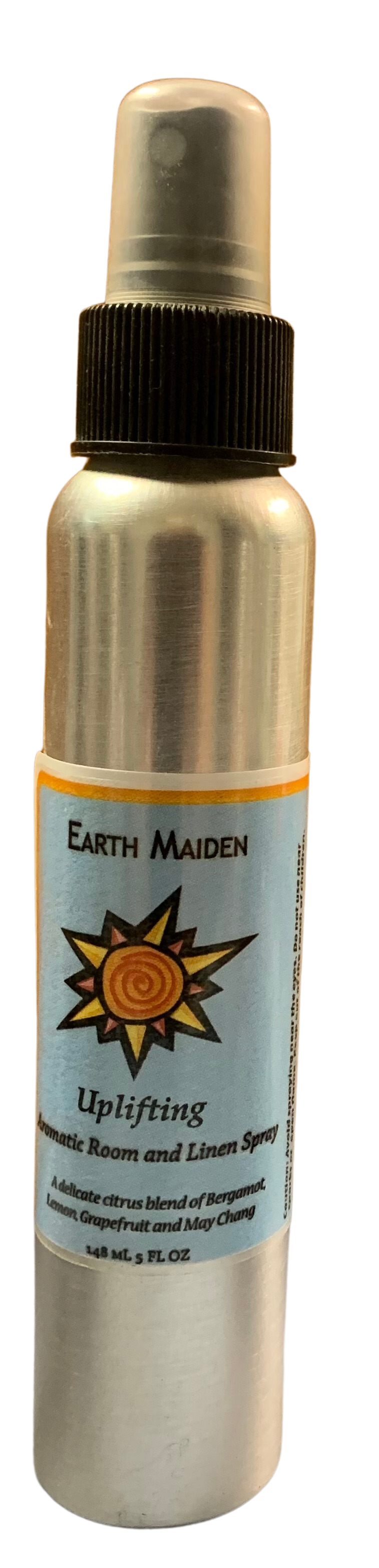 All Natural Uplifting Aroma Mist with Essential Oils of Bergamot, Grapefruit and May Chang  in 5 ounce metal bullet container with fine mist sprayer.