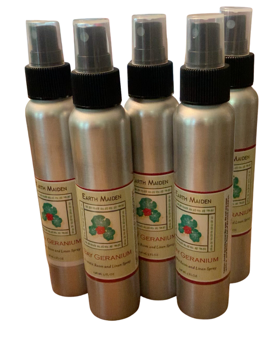 All Natural “Bay Geranium” Aroma Mist with West Indies Bay, Bourbon Geranium and Patchouli  Essential Oils in 5 ounce metal bullet container with fine mist sprayer.