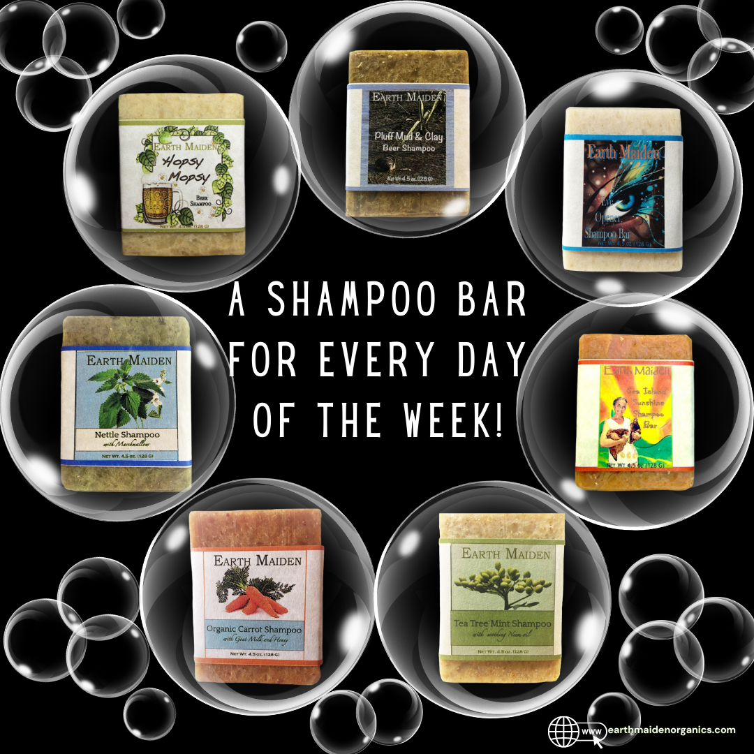 7 herbal shampoo bars, beer shampoo, egg shampoo, pluff mud shampoo, neem shampoo in bubbles on black background.
