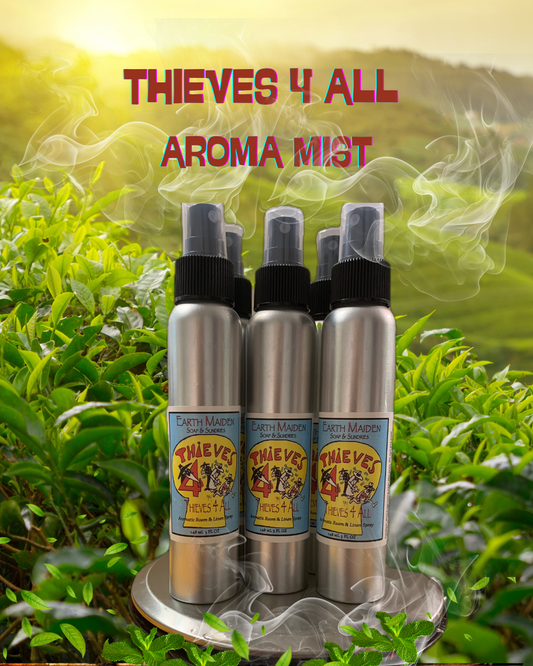 All Natural Thieves 4 All Aroma Mist with Essential Oils in 5 ounce metal bullet container with fine mist sprayer.