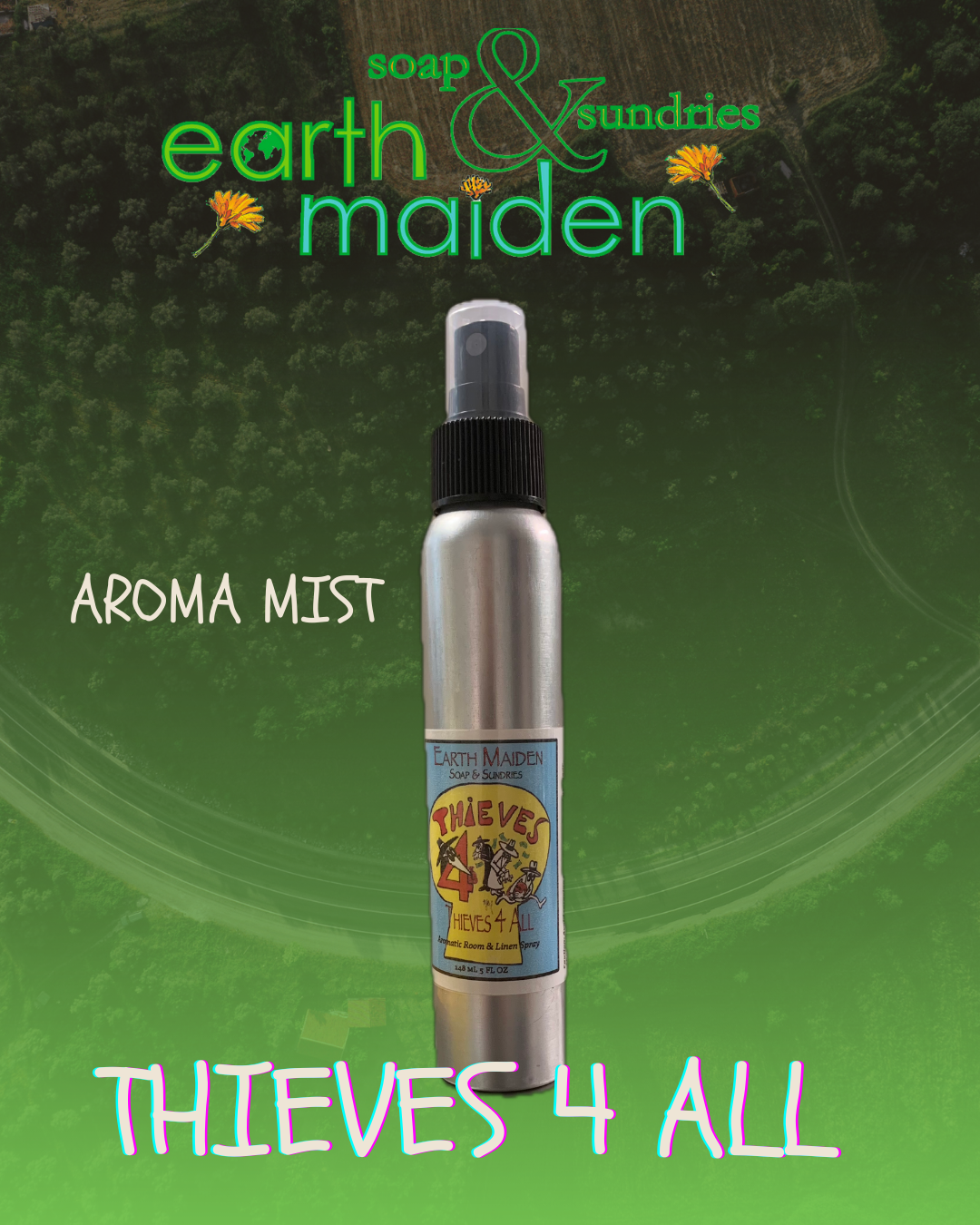 All Natural Thieves 4 All Aroma Mist with Essential Oils in 5 ounce metal bullet container with fine mist sprayer.