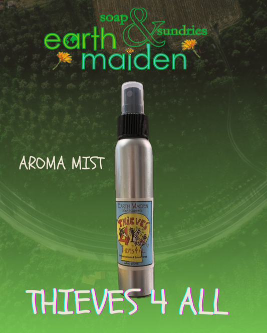 All Natural Thieves 4 All Aroma Mist with Essential Oils in 5 ounce metal bullet container with fine mist sprayer.