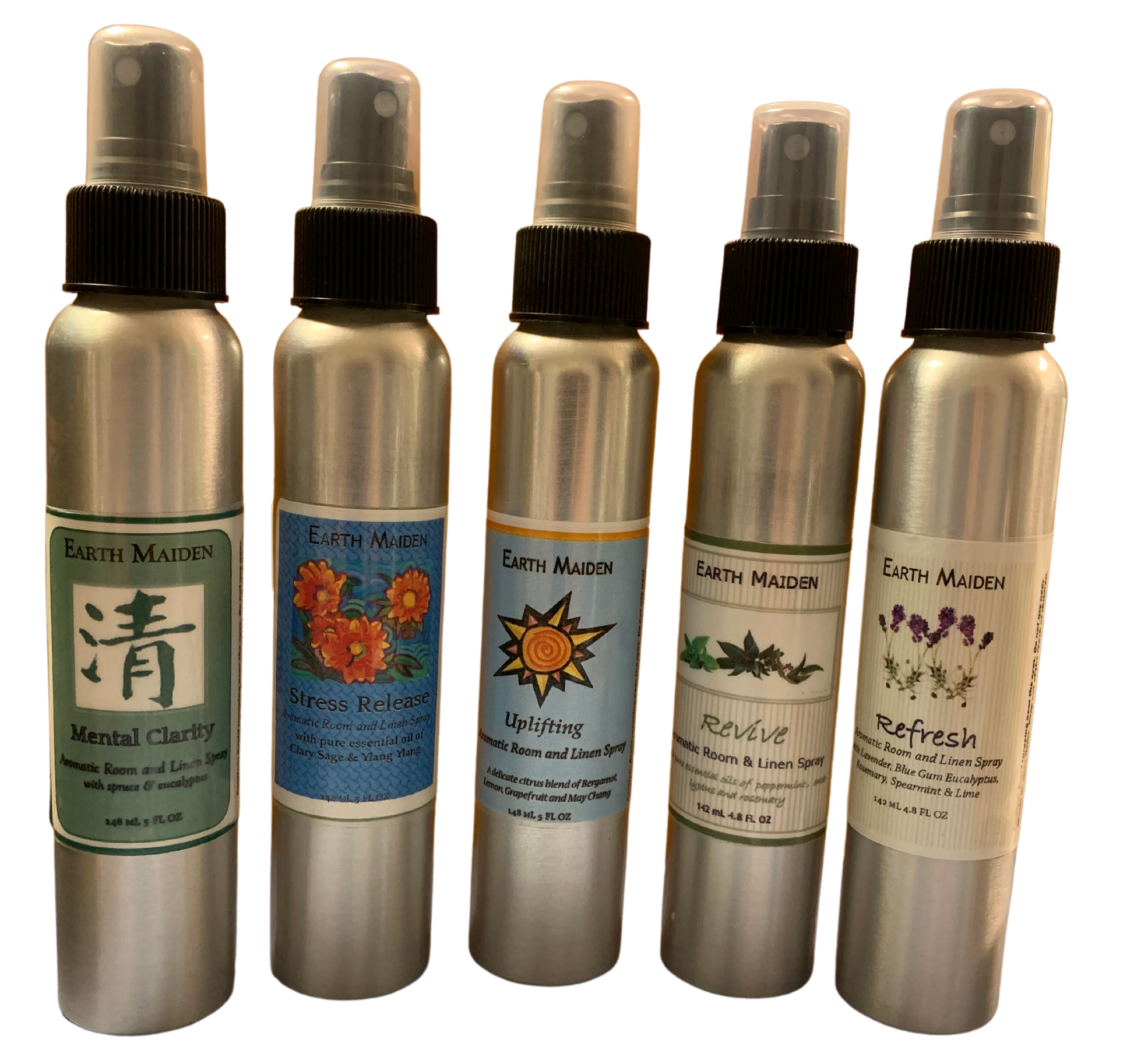 All Natural Assorted Aroma Mists with Uplifting and Balancing Essential Oils in 5 ounce metal bullet container with fine mist sprayer.