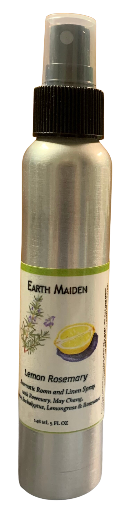 All Natural Lemon Rosemary Aroma Mist with Essential Oils in 5 ounce metal bullet container with fine mist sprayer.