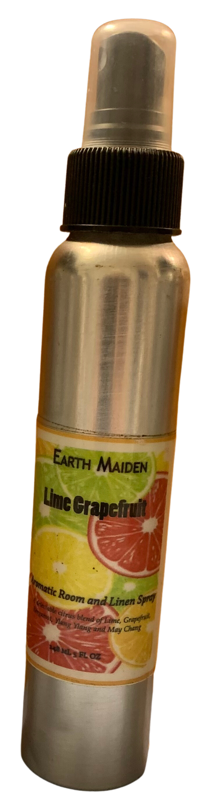 All Natural Lime Grapefruit Aroma Mist with Essential Oils in 5 ounce metal bullet container with fine mist sprayer.