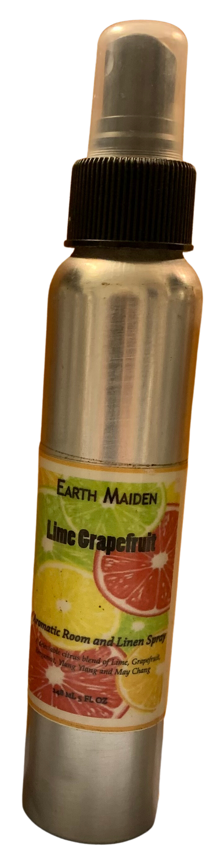 All Natural Lime Grapefruit Aroma Mist with Essential Oils in 5 ounce metal bullet container with fine mist sprayer.