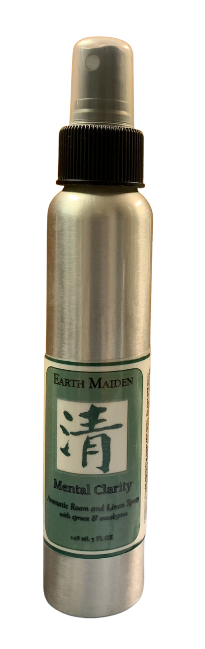 All Natural Mental Clarity Aroma Mist with Peppermint, Spruce, Eucalyptus and Lime Essential Oils in 5 ounce metal bullet container with fine mist sprayer.
