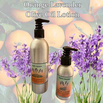 Orange Lavender Olive Oil Lotion, lightly scented with Lavender, Valencia Orange and Coriander. 10 oz and 4 oz sizes.