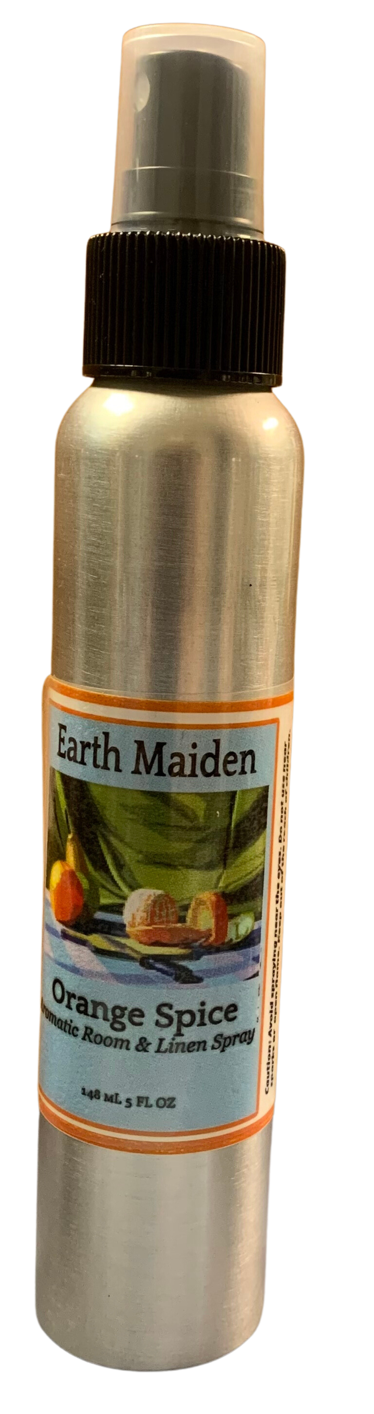 All Natural “Orange Spice” Aroma Mist with Sweet Orange, Cinnamon Leaf, Cassia, Clove Bud, Coriander Seed, Anise Essential Oils in 5 ounce metal bullet container with fine mist sprayer.