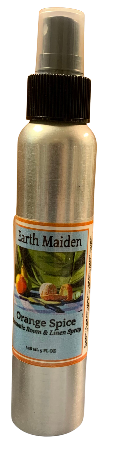 All Natural “Orange Spice” Aroma Mist with Sweet Orange, Cinnamon Leaf, Cassia, Clove Bud, Coriander Seed, Anise Essential Oils in 5 ounce metal bullet container with fine mist sprayer.