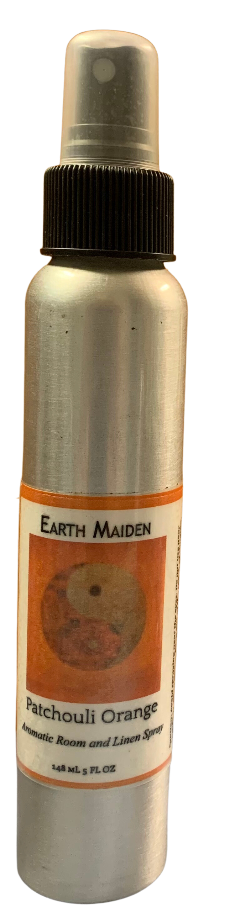 All Natural “Patchouli Orange” Aroma Mist with Valencia Orange, Patchouli and May Chang Essential Oils in 5-ounce metal bullet container with fine mist sprayer.