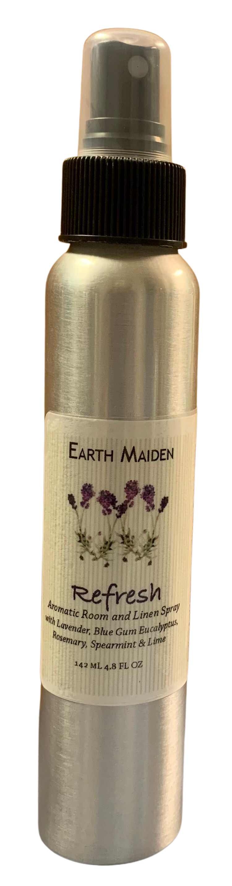 All Natural Refresh Aroma Mist with Lavender, Eucalyptus, Rosemary, Spearmint and Lime Essential Oils in 5 ounce metal bullet container with fine mist sprayer.