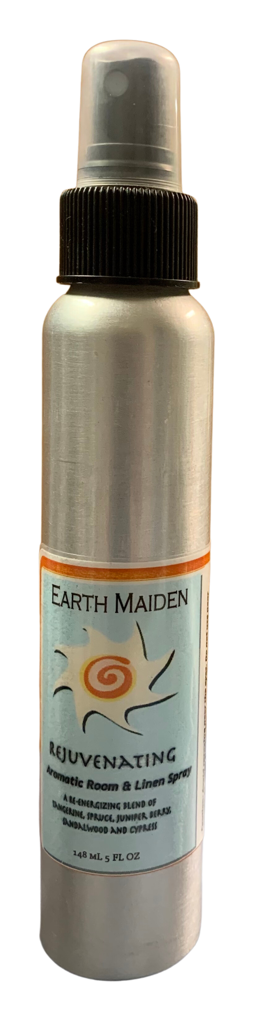 All Natural “Rejuvenating” Aroma Mist with Tangerine, Spruce, Juniper Berry, Sandalwood, Cypress Essential Oils in 5-ounce metal bullet container with fine mist sprayer.