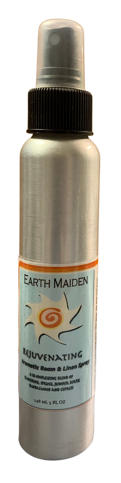 All Natural “Rejuvenating” Aroma Mist with Tangerine, Spruce, Juniper Berry, Sandalwood, Cypress Essential Oils in 5-ounce metal bullet container with fine mist sprayer.