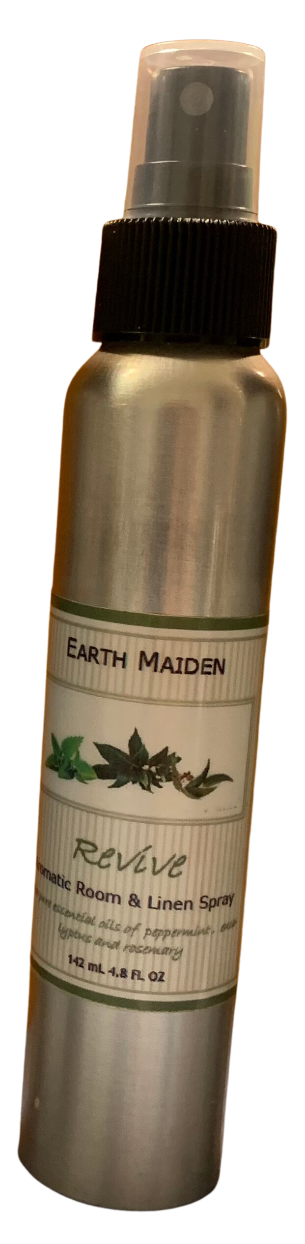 All Natural Revive Aroma Mist with Peppermint, Eucalyptus and Rosemary Essential Oils in 5 ounce metal bullet container with fine mist sprayer.