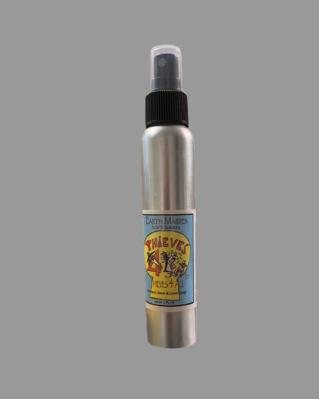 All Natural Thieves 4 All Aroma Mist with Essential Oils in 5 ounce metal bullet container with fine mist sprayer.