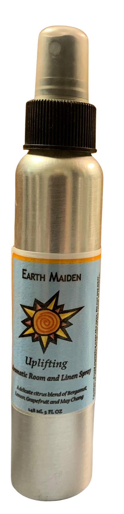 All Natural “Uplifting” Aroma Mist with Bergamot, Lemon, Grapefruit and May Chang Essential Oils in 5 ounce metal bullet container with fine mist sprayer.