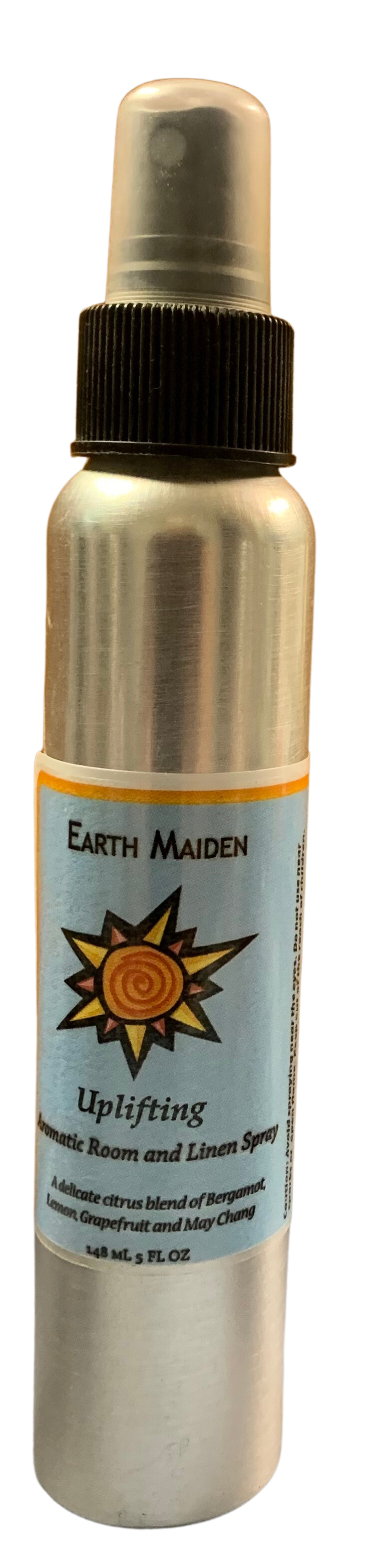 All Natural Uplifting Aroma Mist with Bergamot, Lemon, Grapefruit and May Chang Essential Oils in 5 ounce metal bullet container with fine mist sprayer.